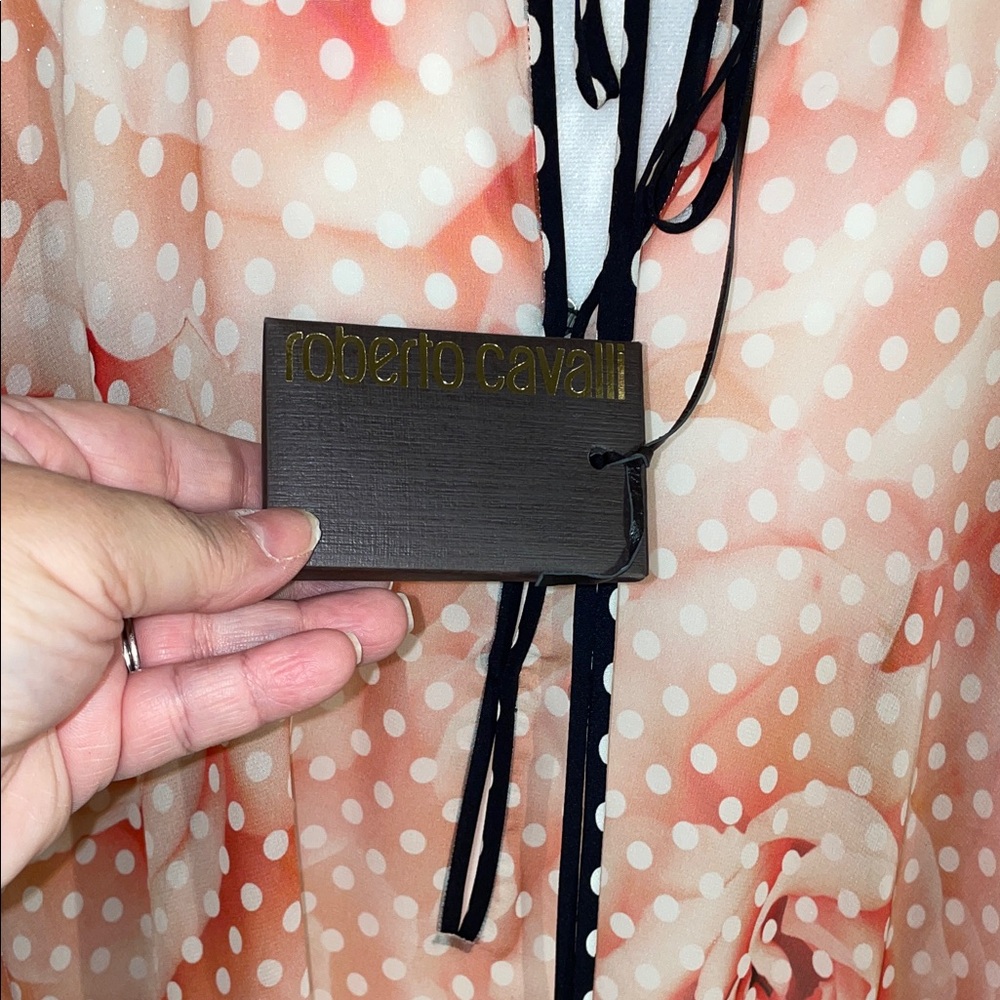 Roberto Cavalli silk Peach Polka Dot ,and rose print Sheer Tunic with Black Trim - Picture 2 of 10
